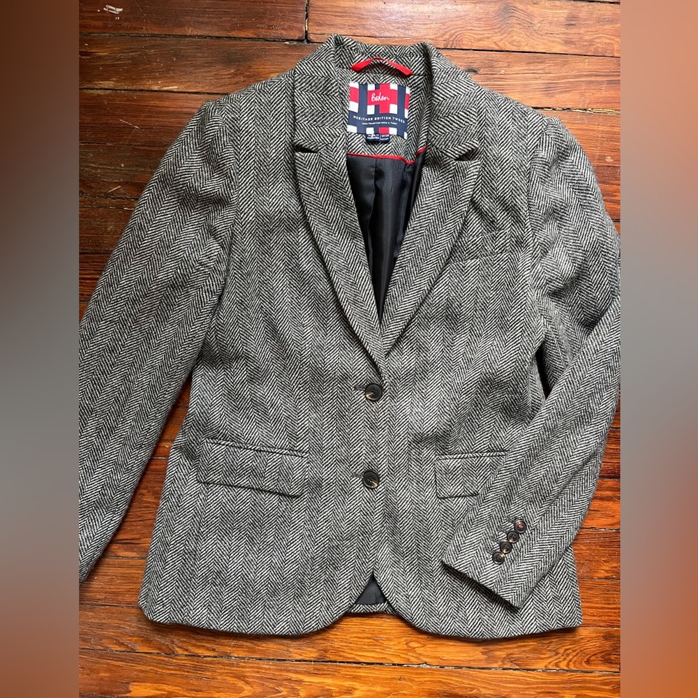 Boden Gray Herringbone Wool Blend Blazer